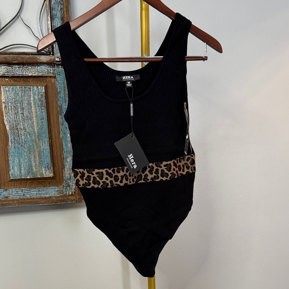 Hera Collection Black Ribbed leopard print bodysuit NWT M